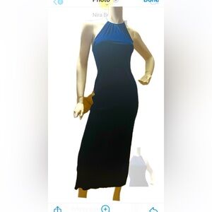 Velvet dark blue halter designer Jump Maxi Dress sleeveless w/criss cross back